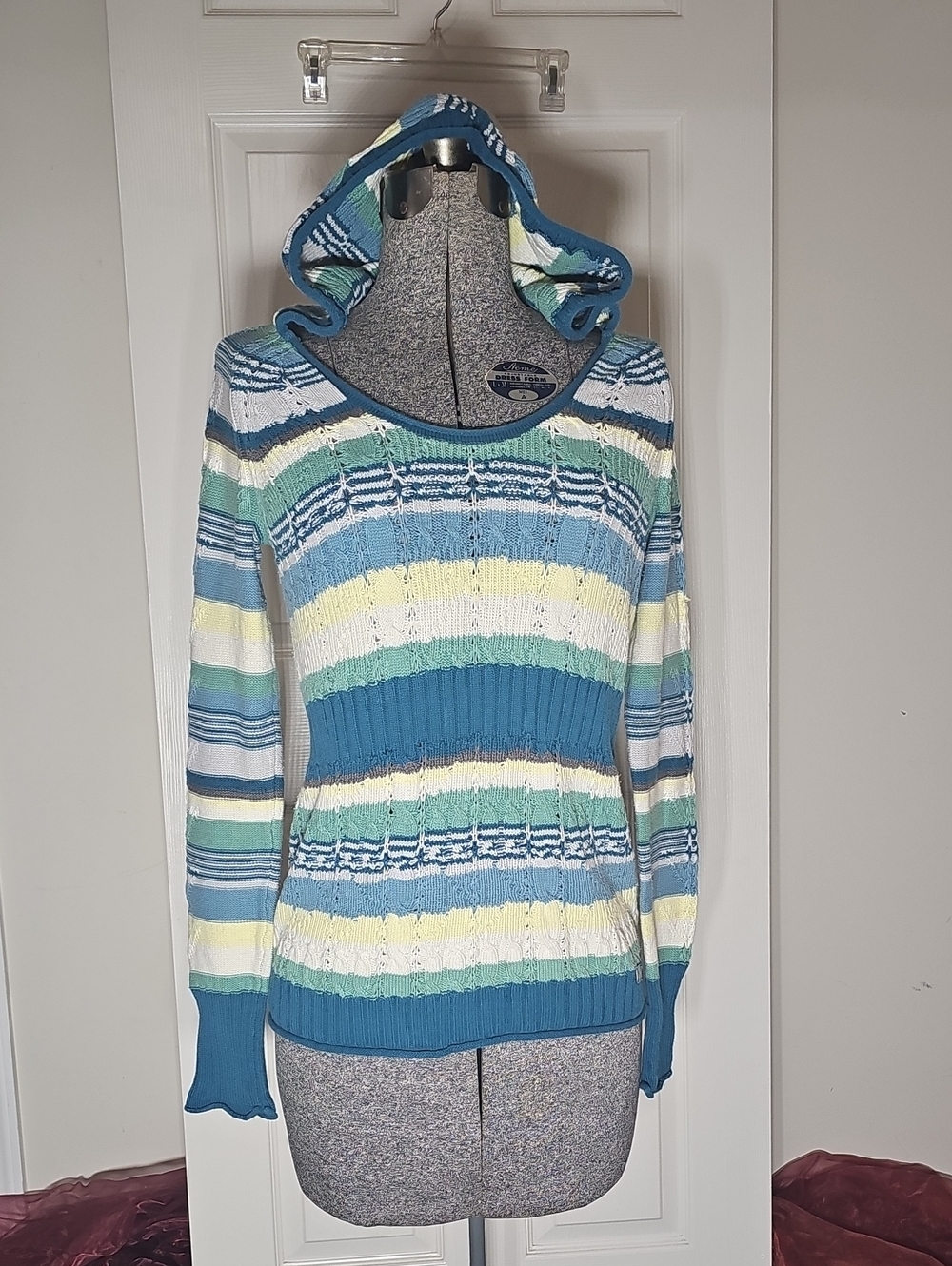 DKNY Jeans Blue Yellow Striped Cable Knit Hooded Sweater Pullover Size M